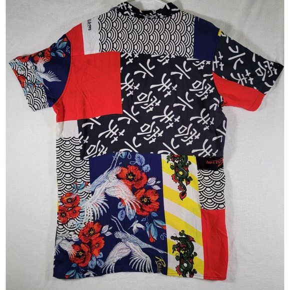 Reason Brand Button Up Hawaiian Style Shirt Size L Colorful Oriental Swan Design - Picture 5 of 8